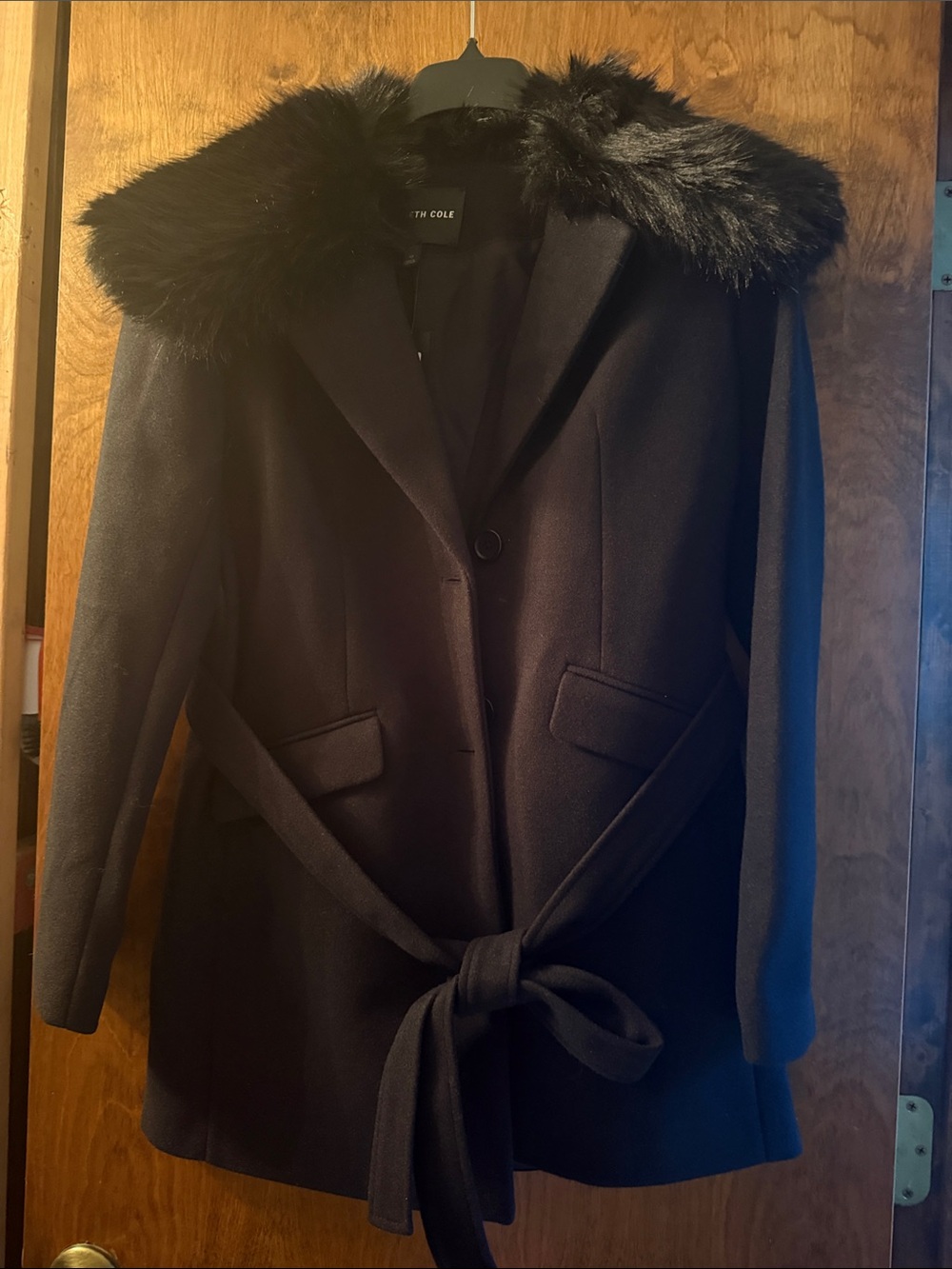 NWT Kenneth Cole Women's Faux Fur Trim Notched Collar Belted Jacket